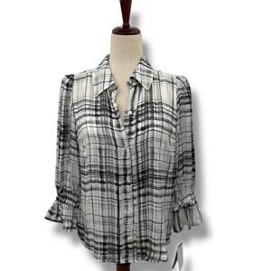 NEW BCX Plaid Layered Blouse Size Medium White Black Sheer Overlay Shirt NWT